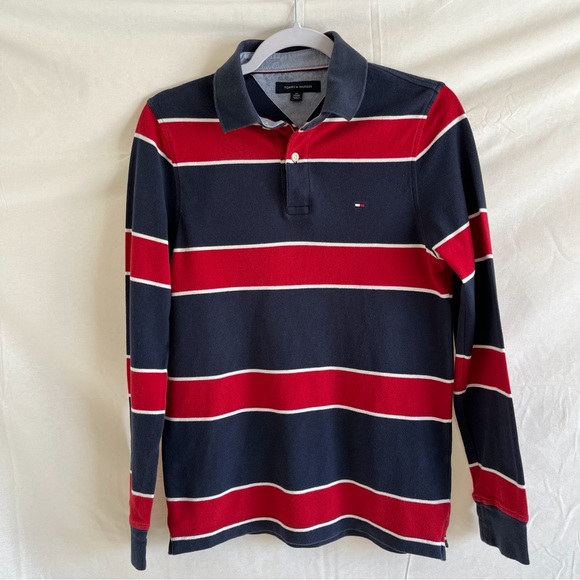 Tommy Hilfiger Polo 2 Button Striped  BlueRed Pullover Long Sleeve Shirt Size XS - Picture 1 of 11